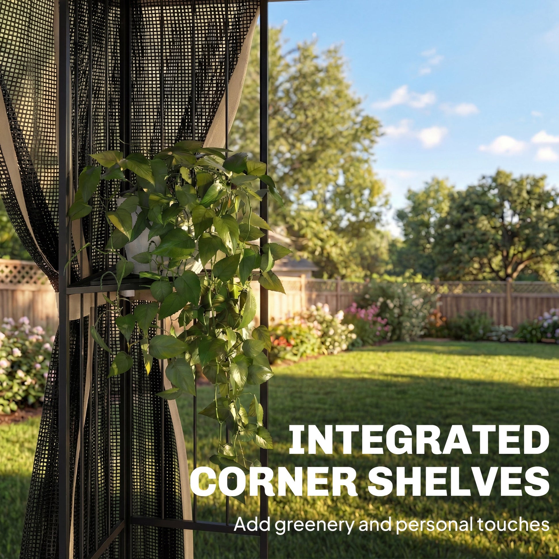 3 x 3 m Outdoor Garden Gazebo with Post Shelves, UPF50+ Double Roof Patio Permanent Pavilion, Brown