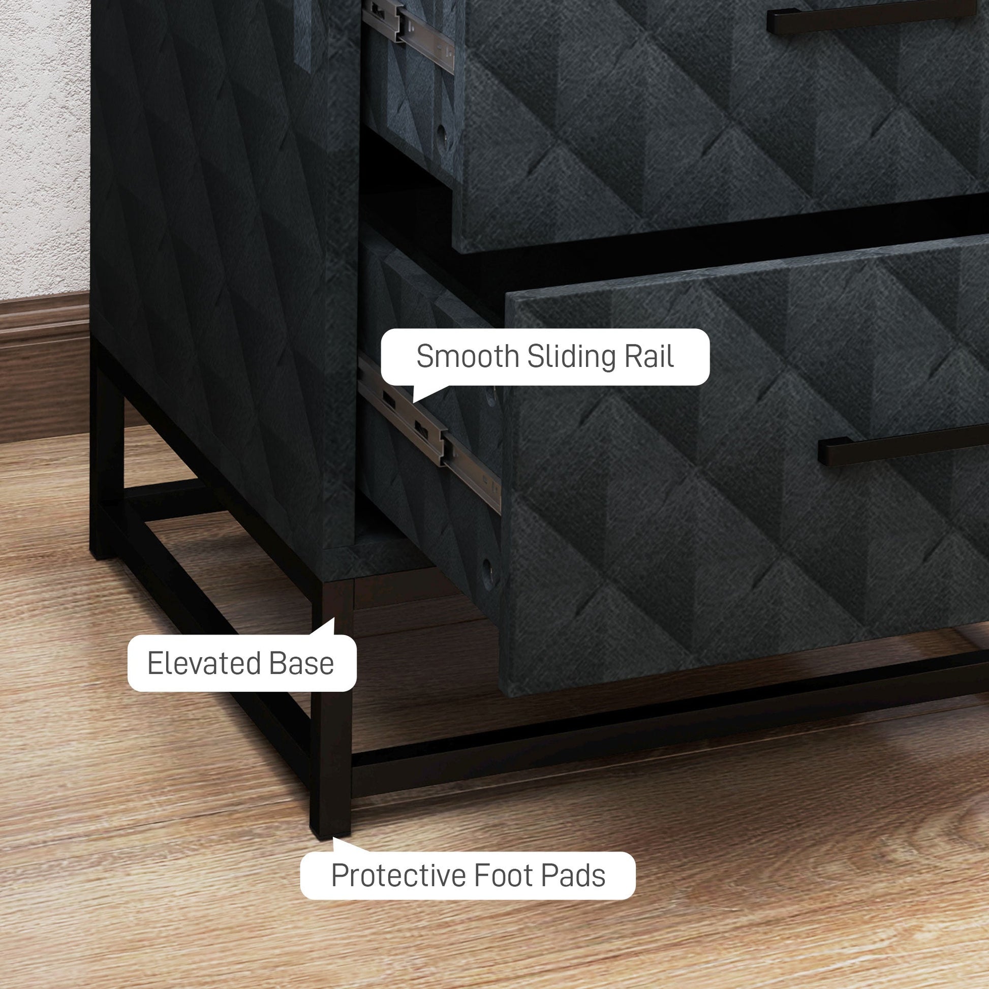 Bedside Tables Set of 2, Modern Bedside Table Nightstand with 2 Drawers, Bedside Cabinet Sofa Side Table with Storage, Steel Legs for Bedroom, Living Room, Black