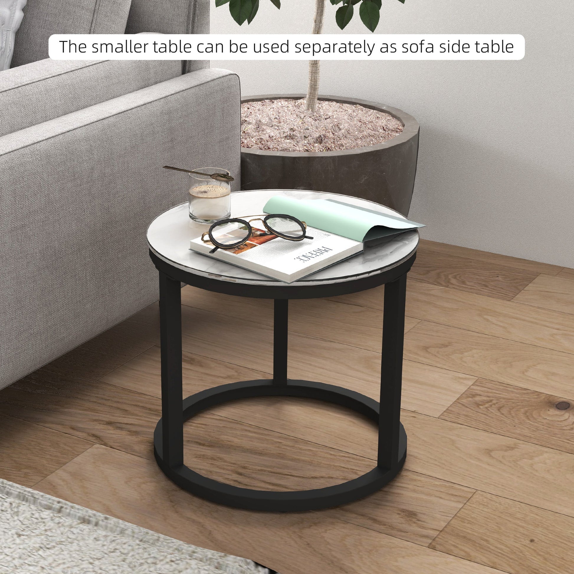 Glass Coffee Table Set of 2, Round Nest of Tables with Marble-Effect Tempered Glass Tabletop and Steel Frame, Modern Side Tables for Living Room, White