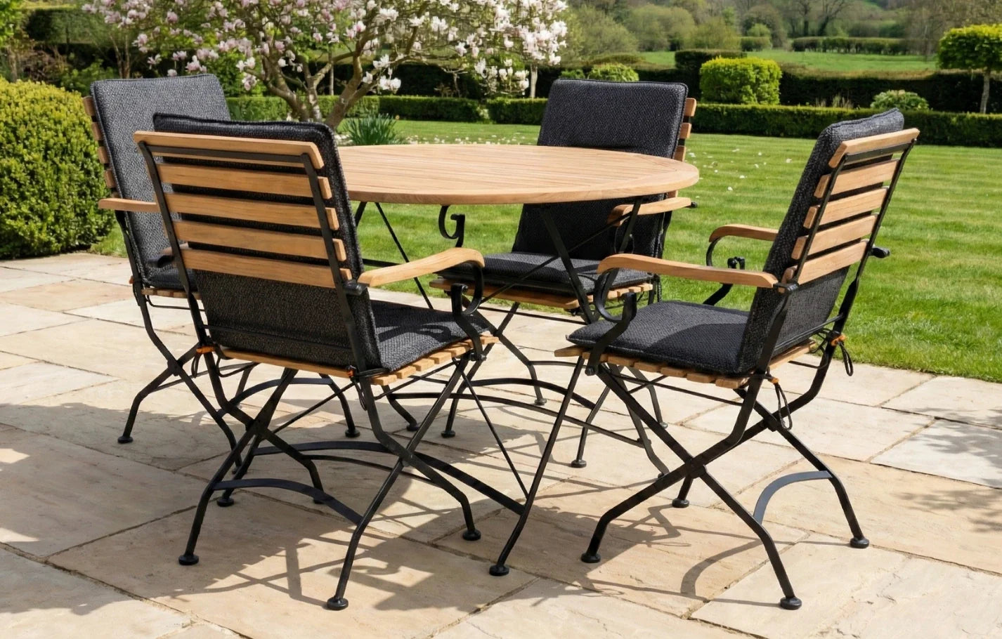 Sicily 4 Seater Teak and Wrought Iron Round 110cm Garden Dining Set