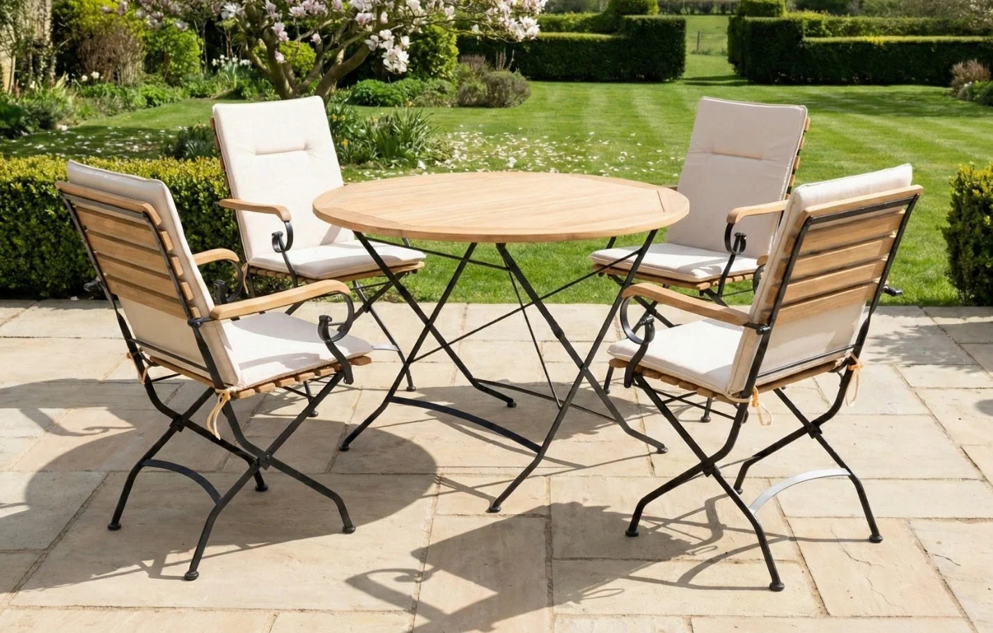 Sicily 4 Seater Teak and Wrought Iron Round 110cm Garden Dining Set