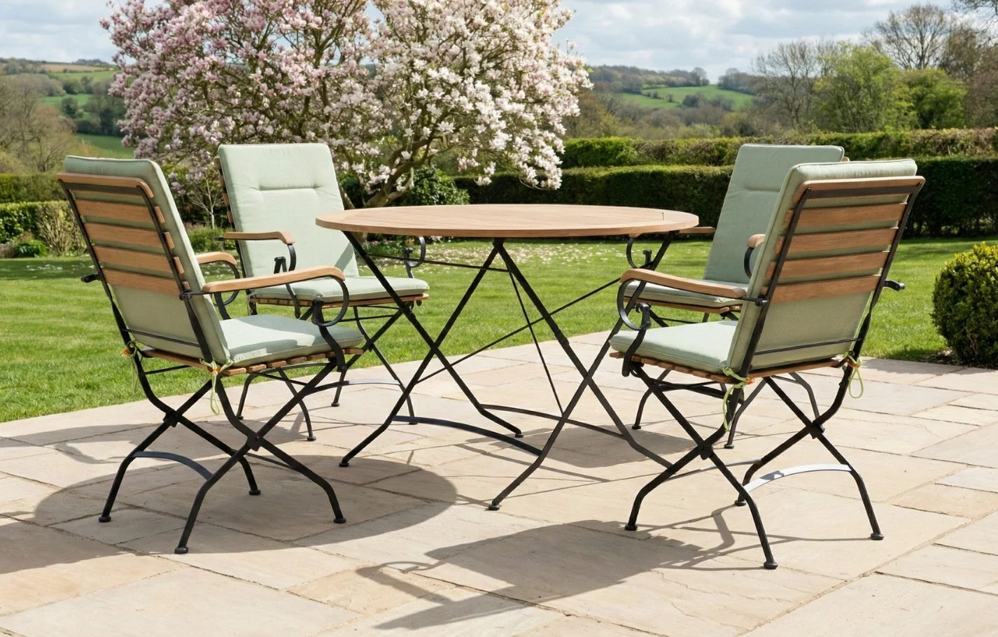 Sicily 4 Seater Teak and Wrought Iron Round 110cm Garden Dining Set