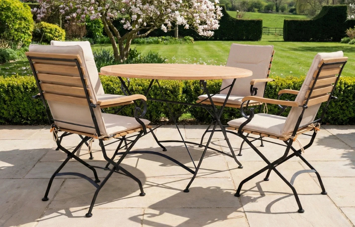 Sicily 4 Seater Teak and Wrought Iron Round 110cm Garden Dining Set