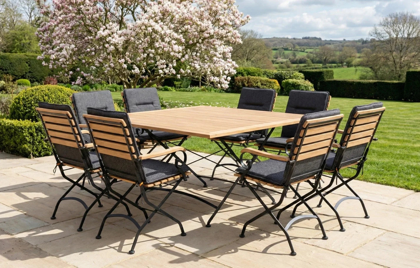 Sicily 8 Seater Teak and Wrought Iron Square 140cm Garden Dining Set
