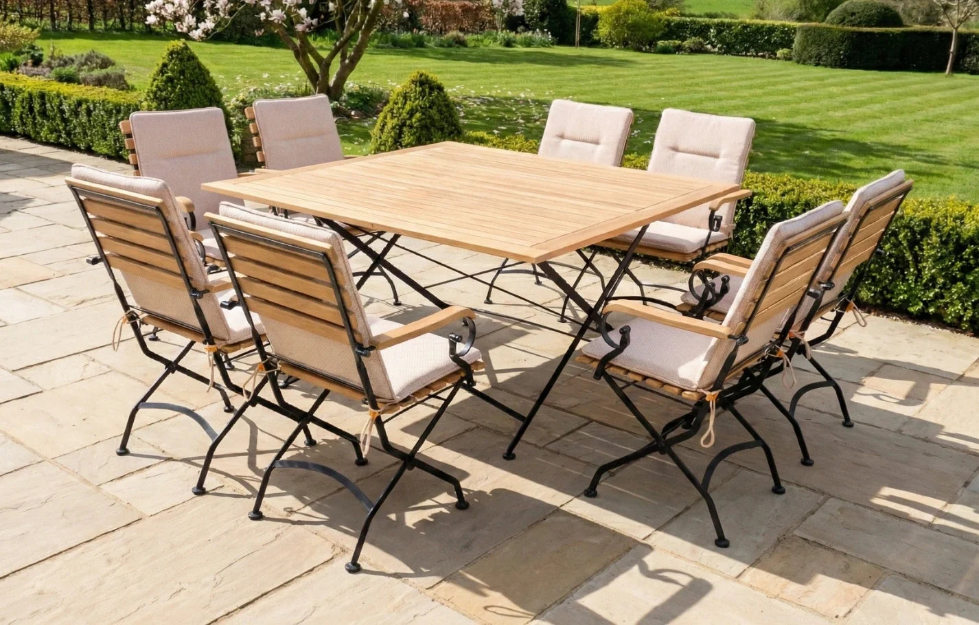 Sicily 8 Seater Teak and Wrought Iron Square 140cm Garden Dining Set