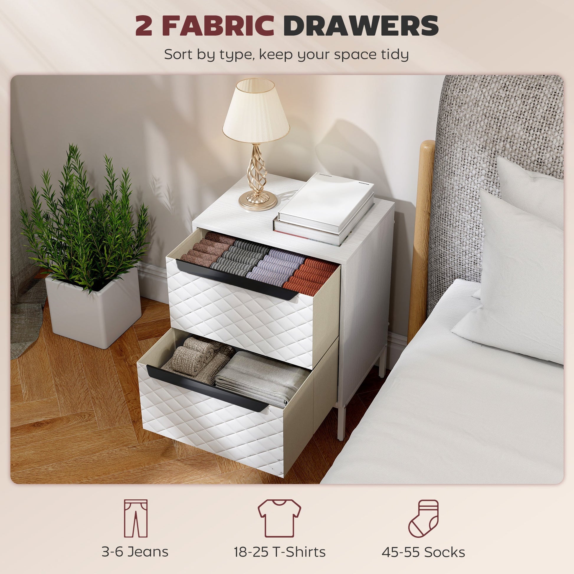 Chest of Drawers, Dresser with 2 Fabric Drawers and Aluminium Handles - White