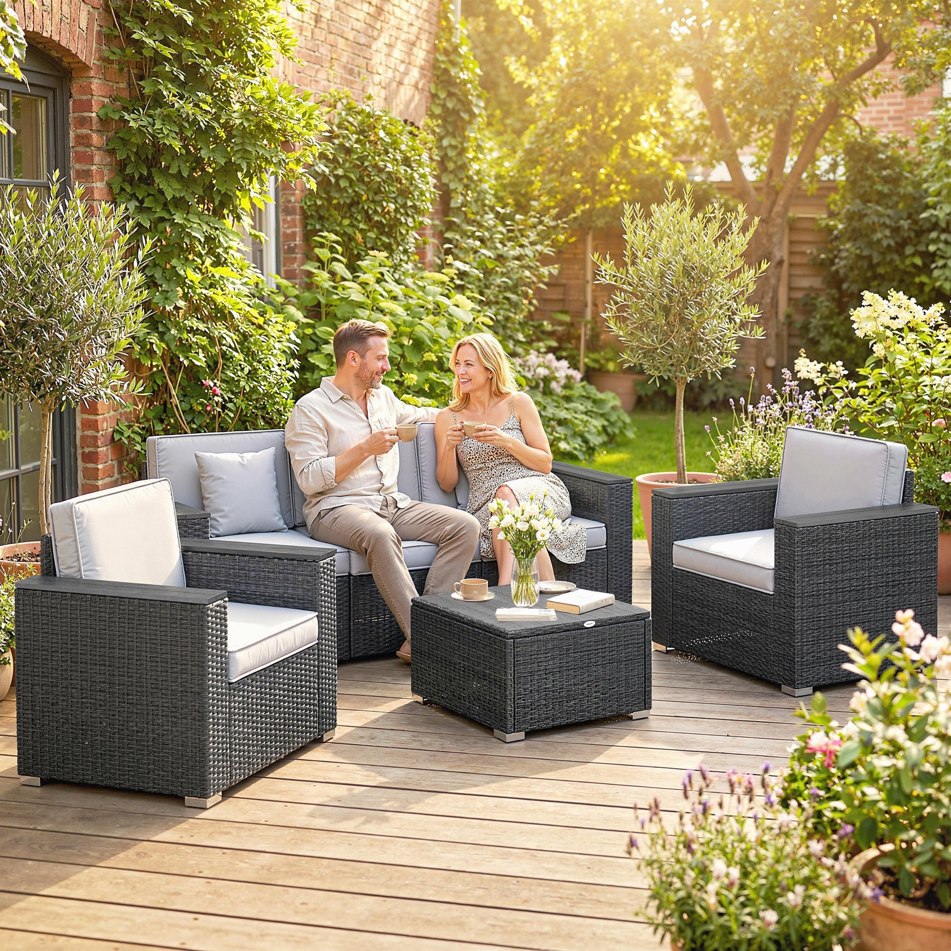 5 Seater Rattan Garden Furniture Set with Wide Armrests, Cushions, Pillows for Patio, Dark Grey