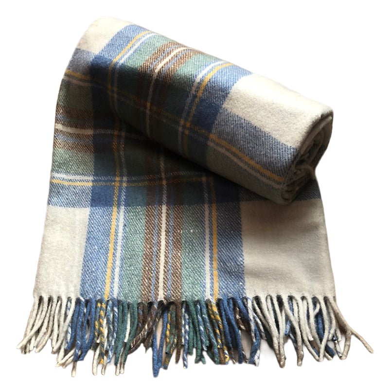 Muted Blue/Cream Recycled Wool Blanket in Soft Tartan Check