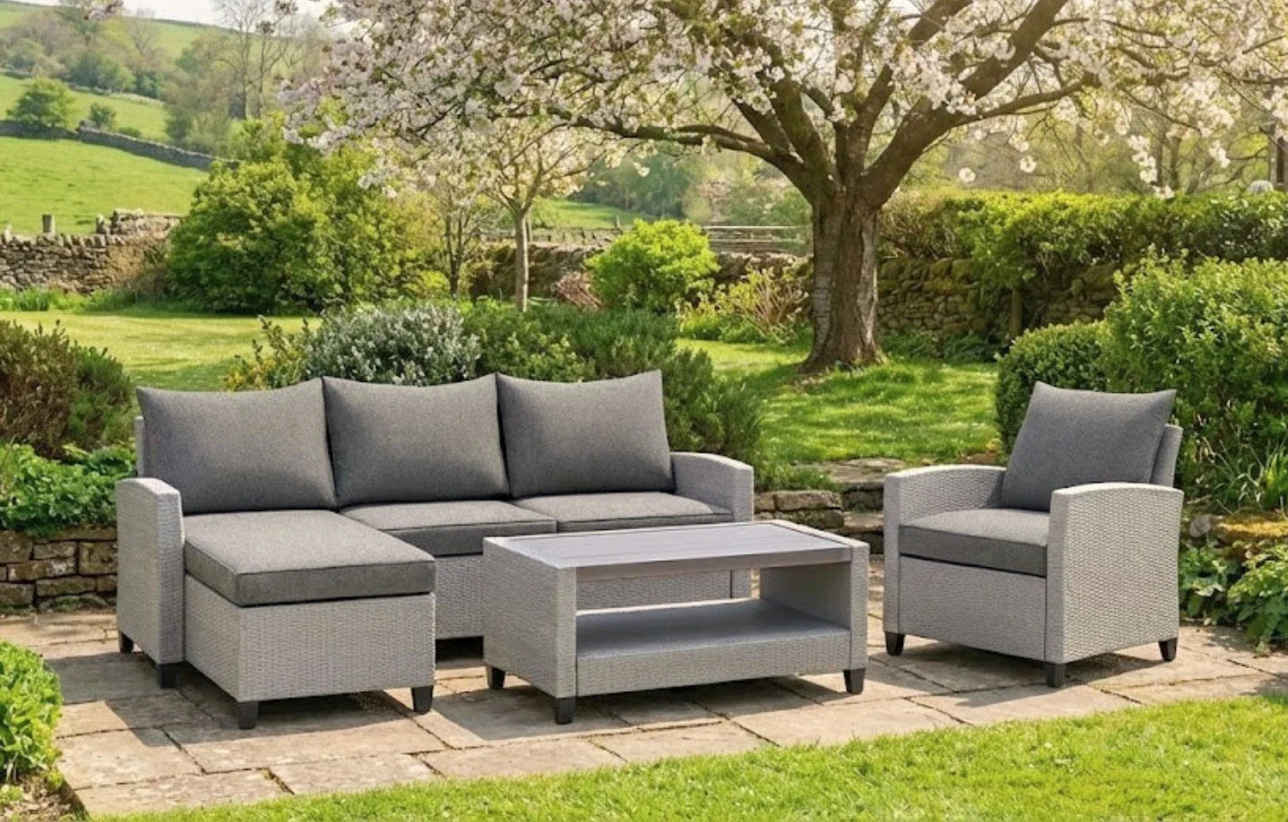 Stockholm Rattan Grey 4 Seater Garden Chaise Lounge & Armchair Set
