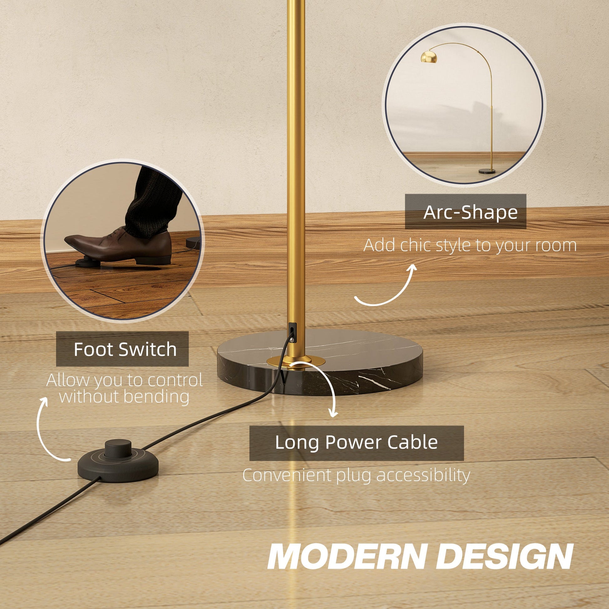 180cm Arc Floor Lamp for Living Room, Home Offices, Bedrooms, Modern Standing Lamp with Foot Switch, Faux Black Marble Base and Bell Shade, Gold Tone