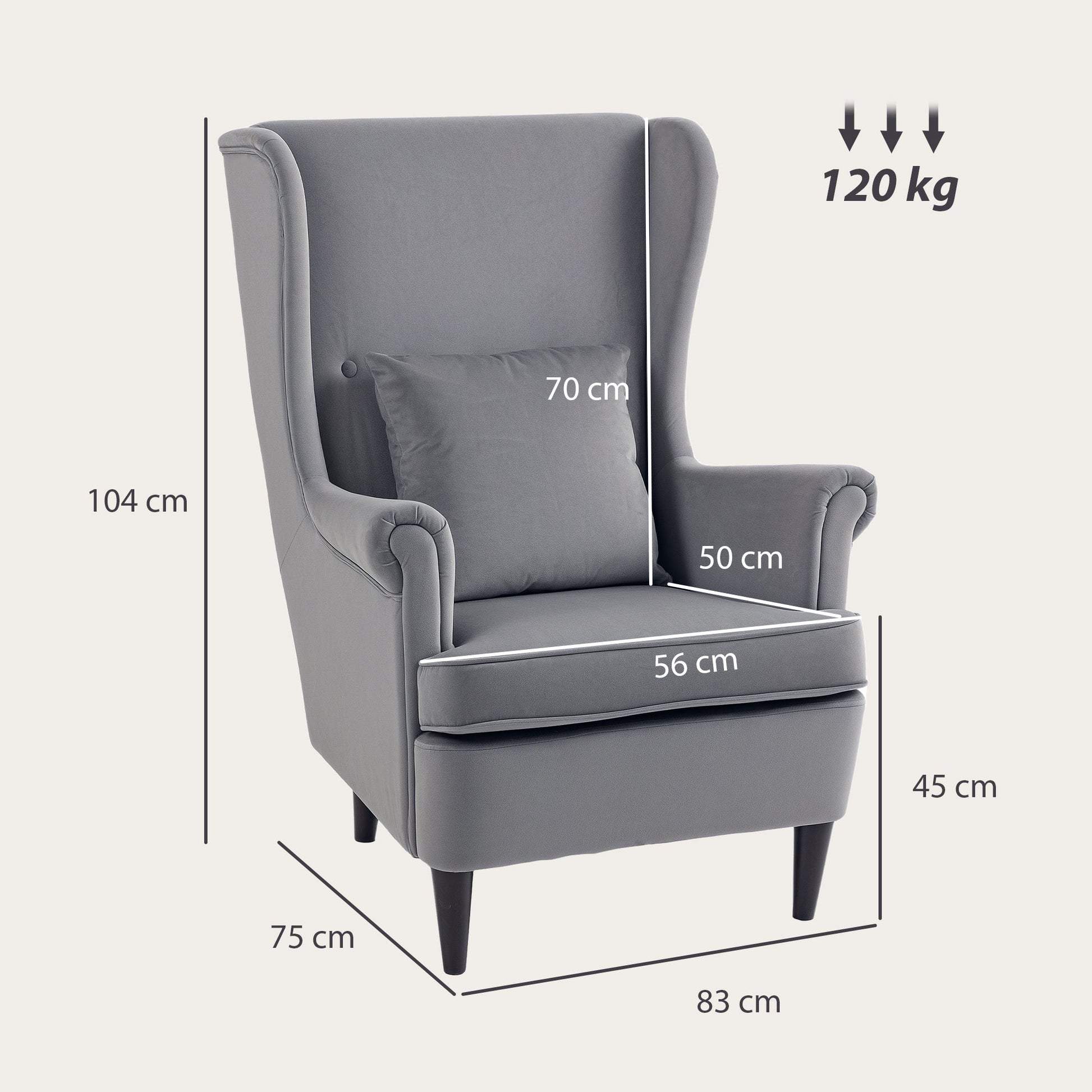Modern Accent Chair, Upholstered Wingback Armchair with High Backrest and Pillow, Velvet-Feel Fabric Reading Chair with Solid Wood Legs for Living Room, Bedroom, Home Office, Dark Grey