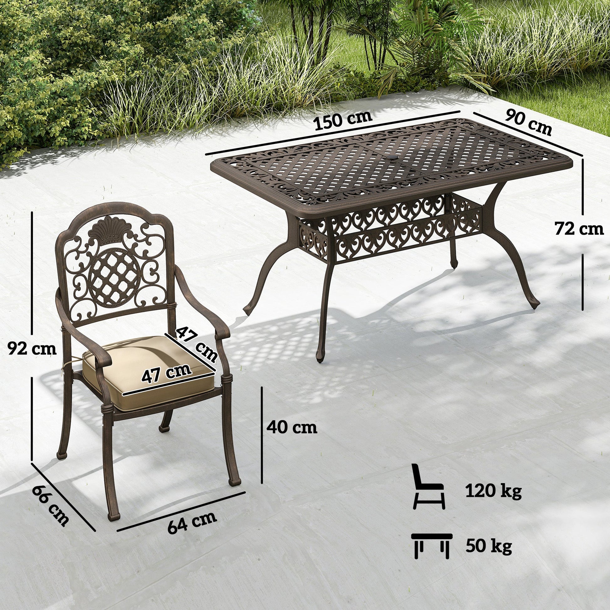 Garden Dining Set for 6, Cast Aluminium Outdoor Table and Chairs Set with Cushions, Parasol Hole for Patio, Bronze Tone