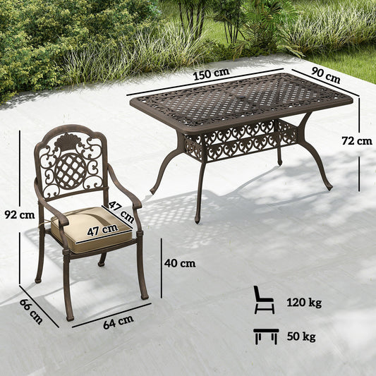 Garden Dining Set for 6, Cast Aluminium Outdoor Table and Chairs Set with Cushions, Parasol Hole for Patio, Bronze Tone