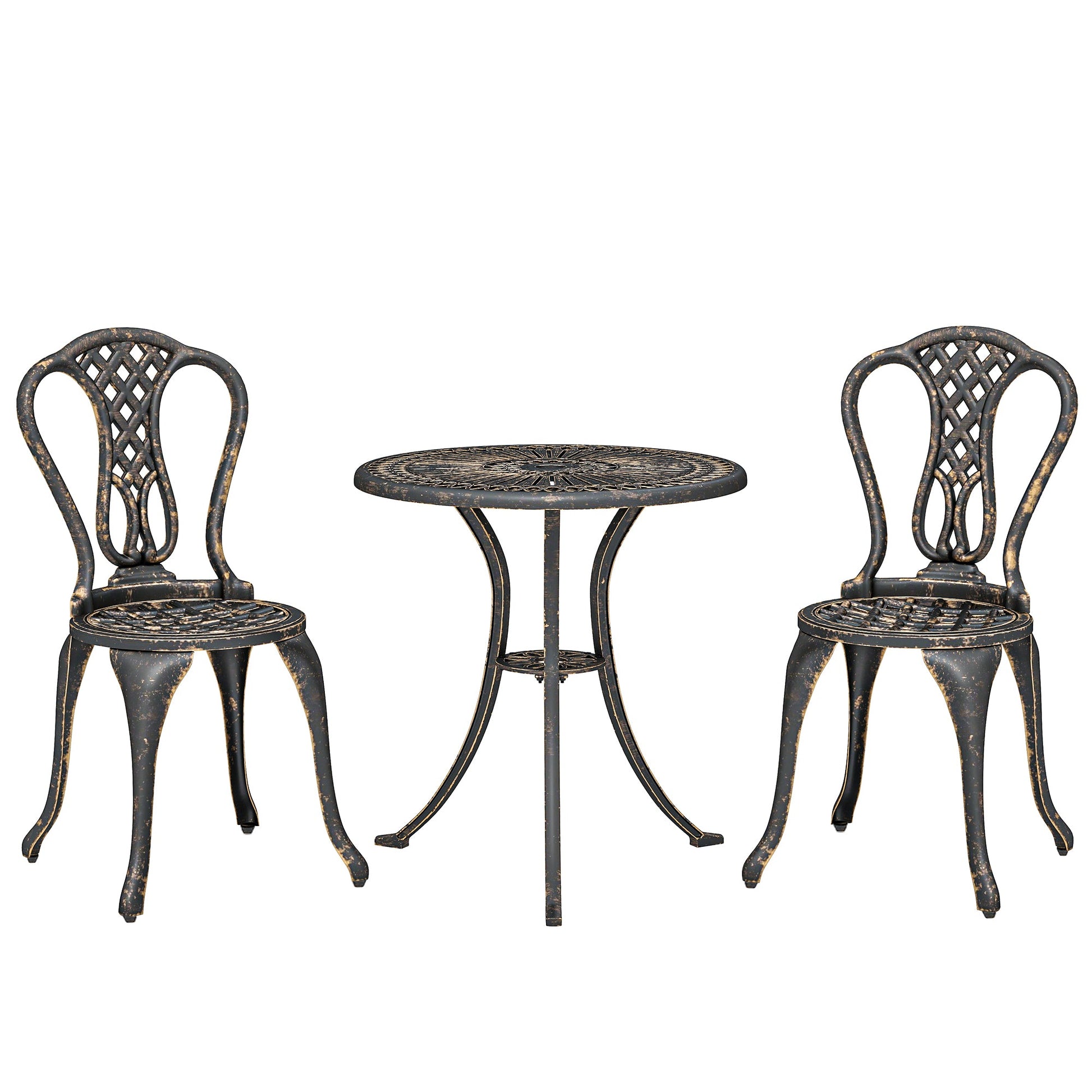 Outdoor Bistro Set for 2 Cast Aluminium Patio Furniture with Round Table Umbrella Hole Brown