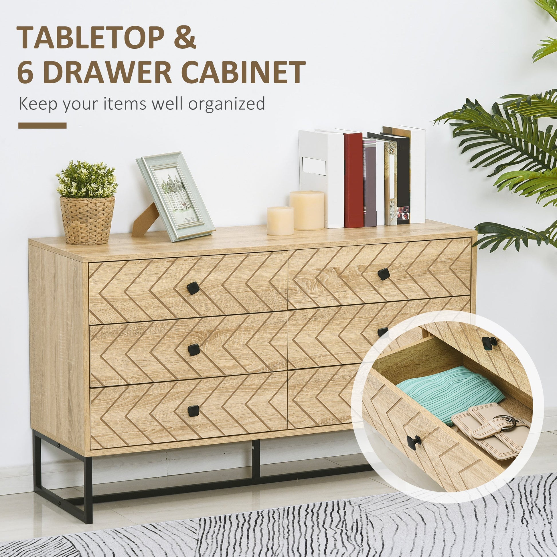 Bedroom Chest of Drawers, 6 Drawer Dresser, Sideboard Cabinet with Zigzag Design and Metal Base, Storage Drawer Unit, 120x71cm, Natural