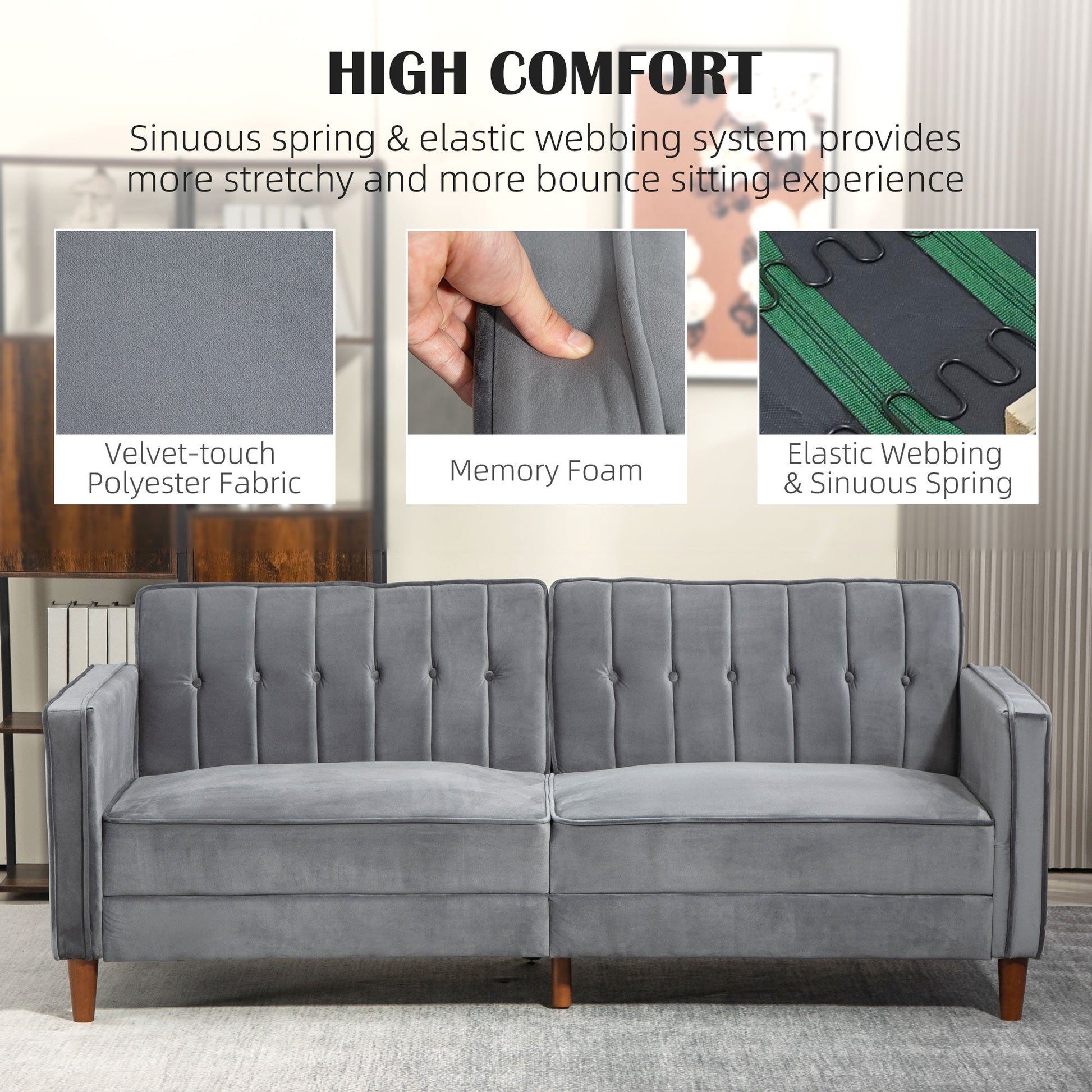 Convertible Sofa Futon Velvet-Touch Tufted Couch Sofa Bed Dark Grey