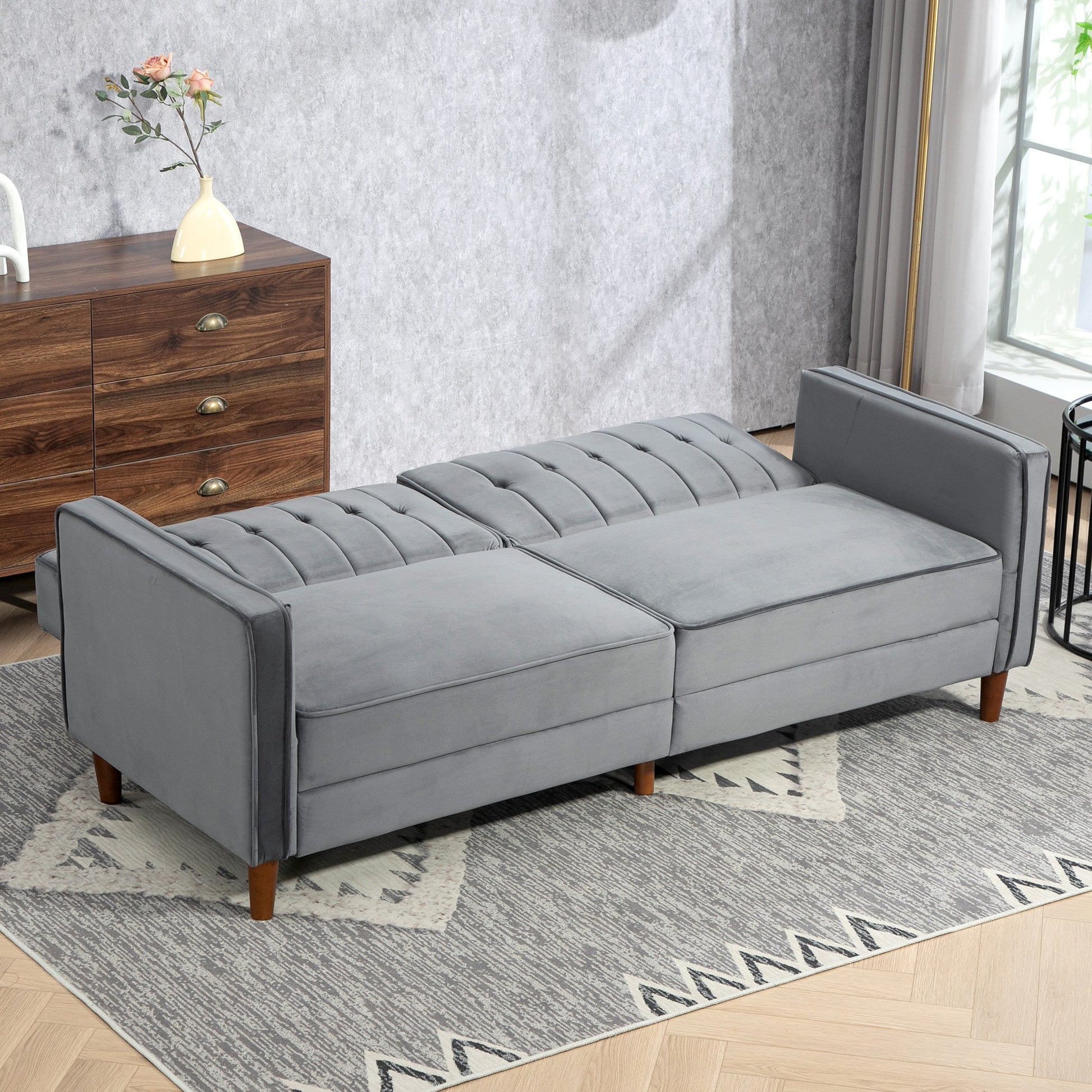 Convertible Sofa Futon Velvet-Touch Tufted Couch Sofa Bed Dark Grey