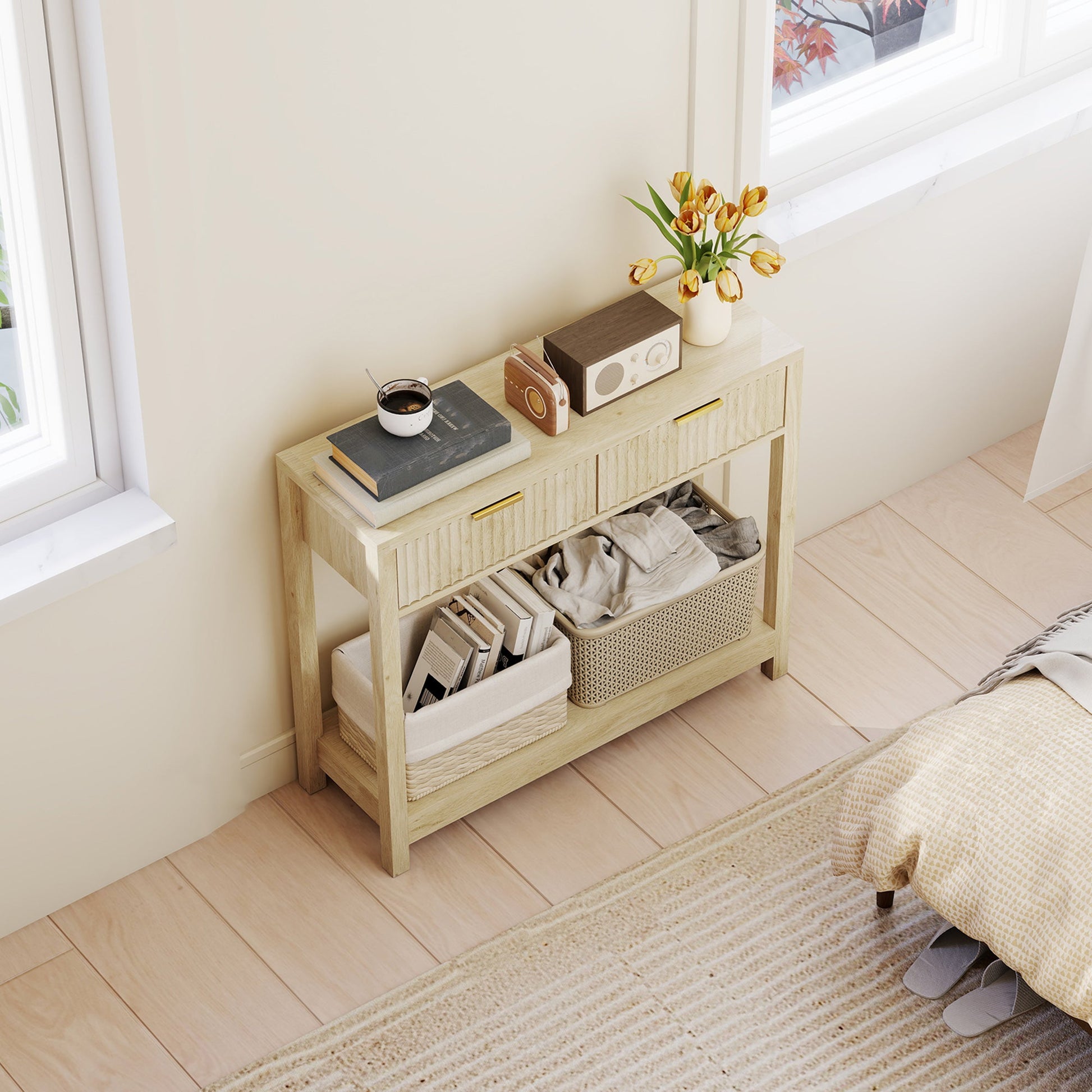 Modern Console Table with Fluted Panel Drawers, Narrow Hallway Table with Shelf for Entryway, Living Room, 90 x 30 x 76 cm, Natural Wood Finish