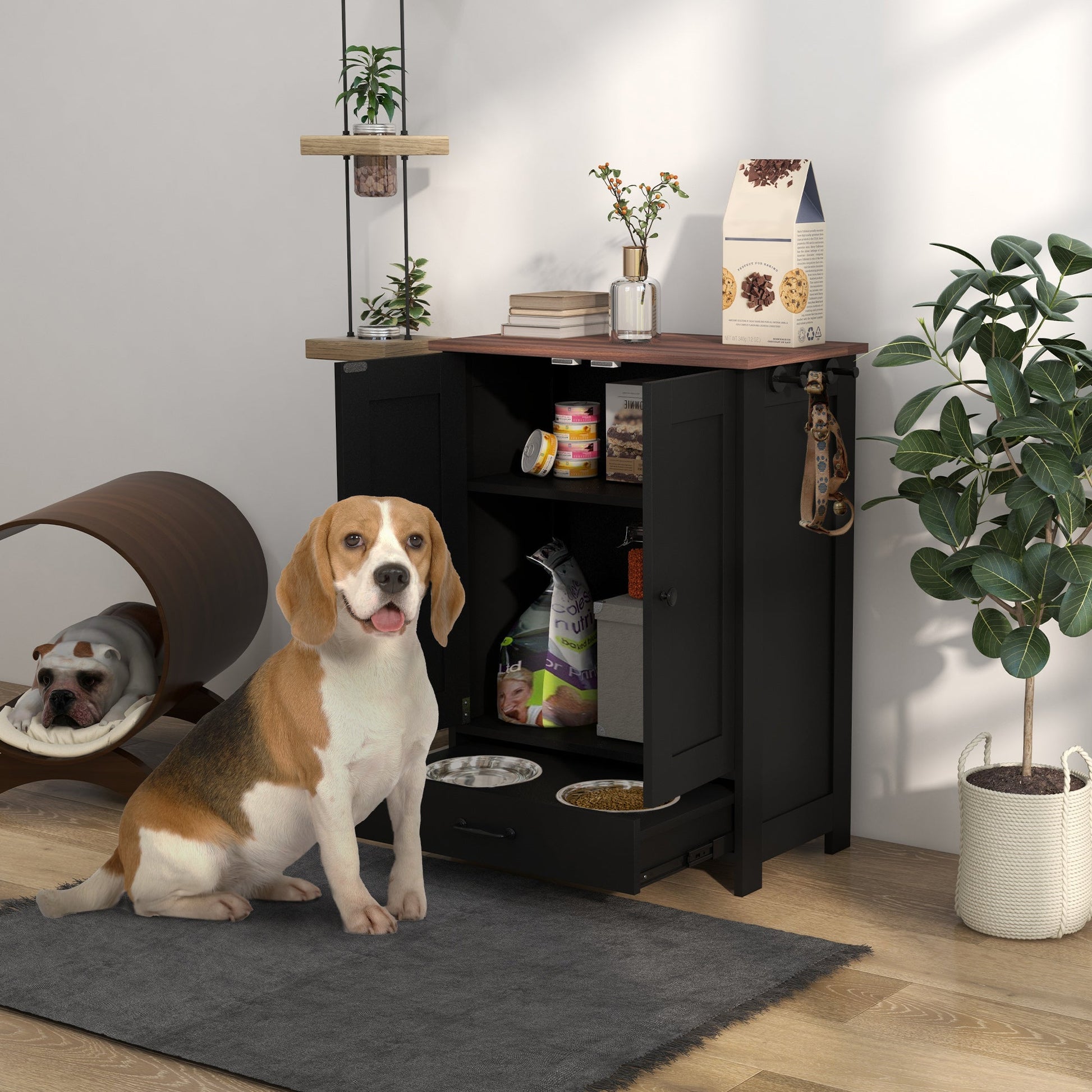 Pet Feeding Station with Raised Dog Bowls, Adjustable Panel, Hooks, Black