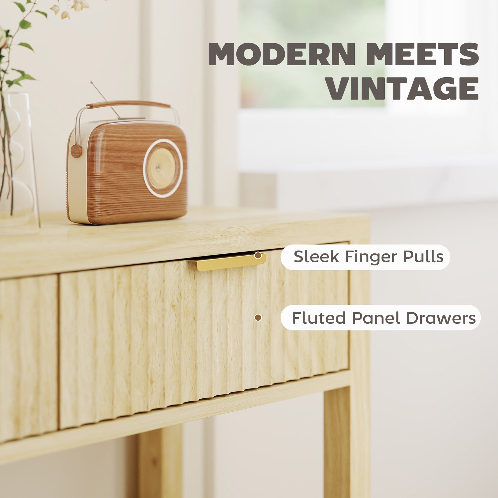 Modern Console Table with Fluted Panel Drawers, Narrow Hallway Table with Shelf for Entryway, Living Room, 90 x 30 x 76 cm, Natural Wood Finish