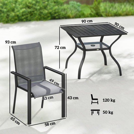 5 Pieces Outdoor Dining Set for 4, Garden Table and Stackable Chairs with Breathable Mesh Seat and Parasol Hole, Grey
