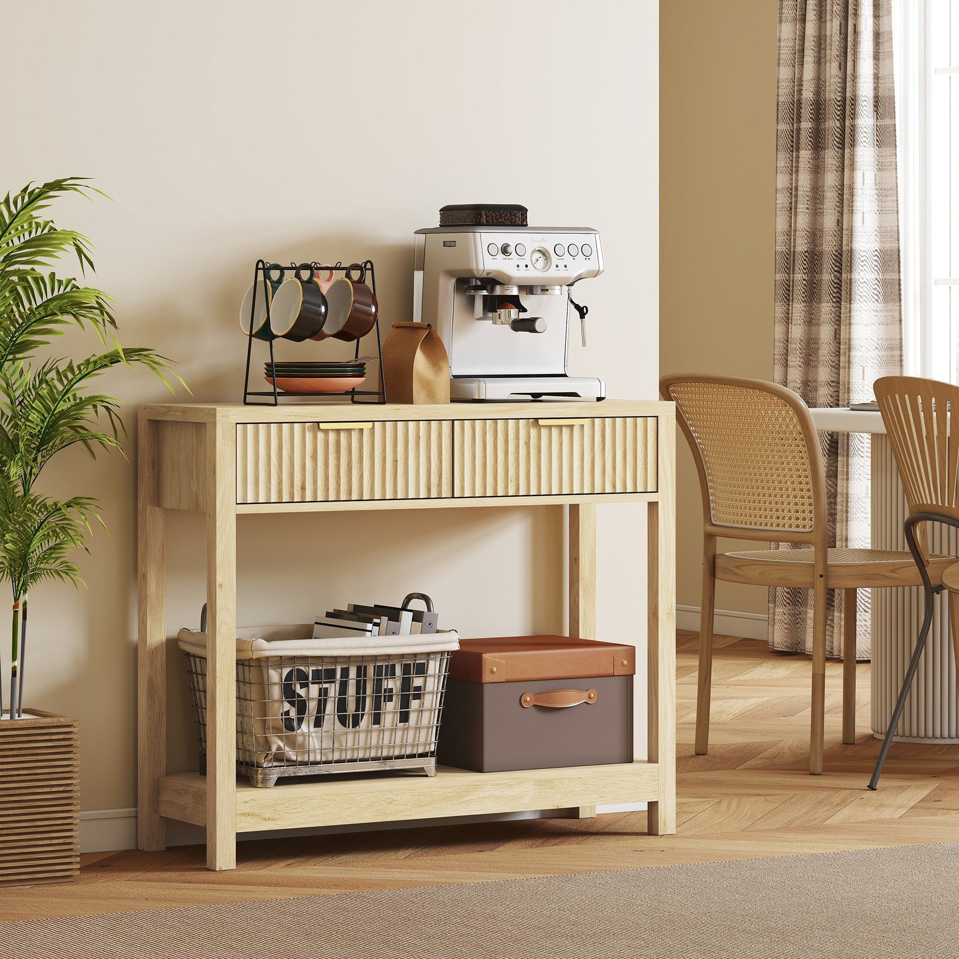 Modern Console Table with Fluted Panel Drawers, Narrow Hallway Table with Shelf for Entryway, Living Room, 90 x 30 x 76 cm, Natural Wood Finish