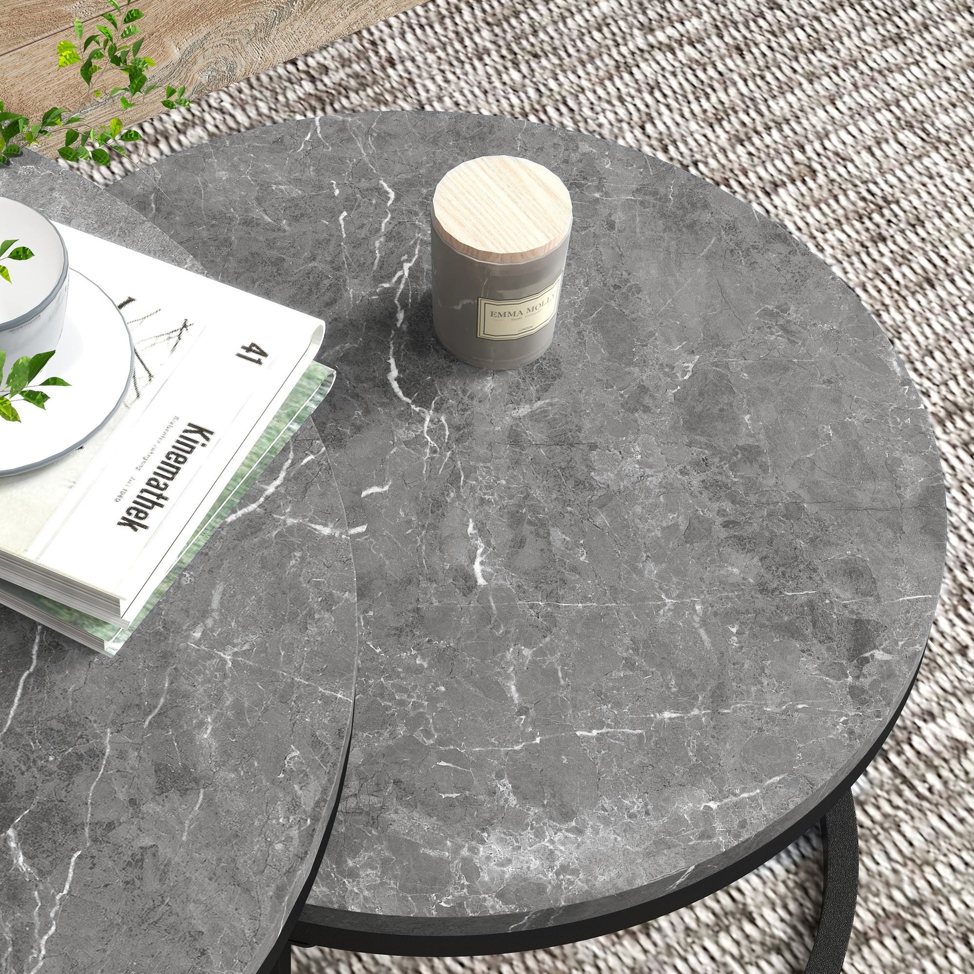 Industrial Nesting Coffee Table Set of 2, Round Coffee Tables, Living Room Table with Faux Marbled Top and Steel Frame
