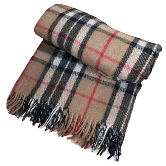 Camel Recycled Wool Blanket in Classic Tartan Check
