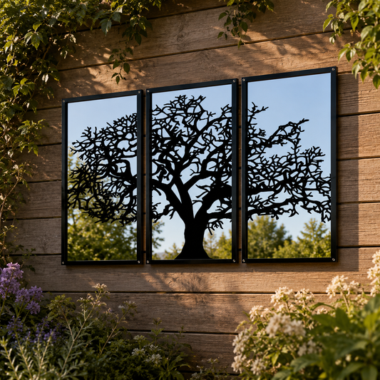 Three Panel Tree Garden Mirror – Outdoor Acrylic Wall Art