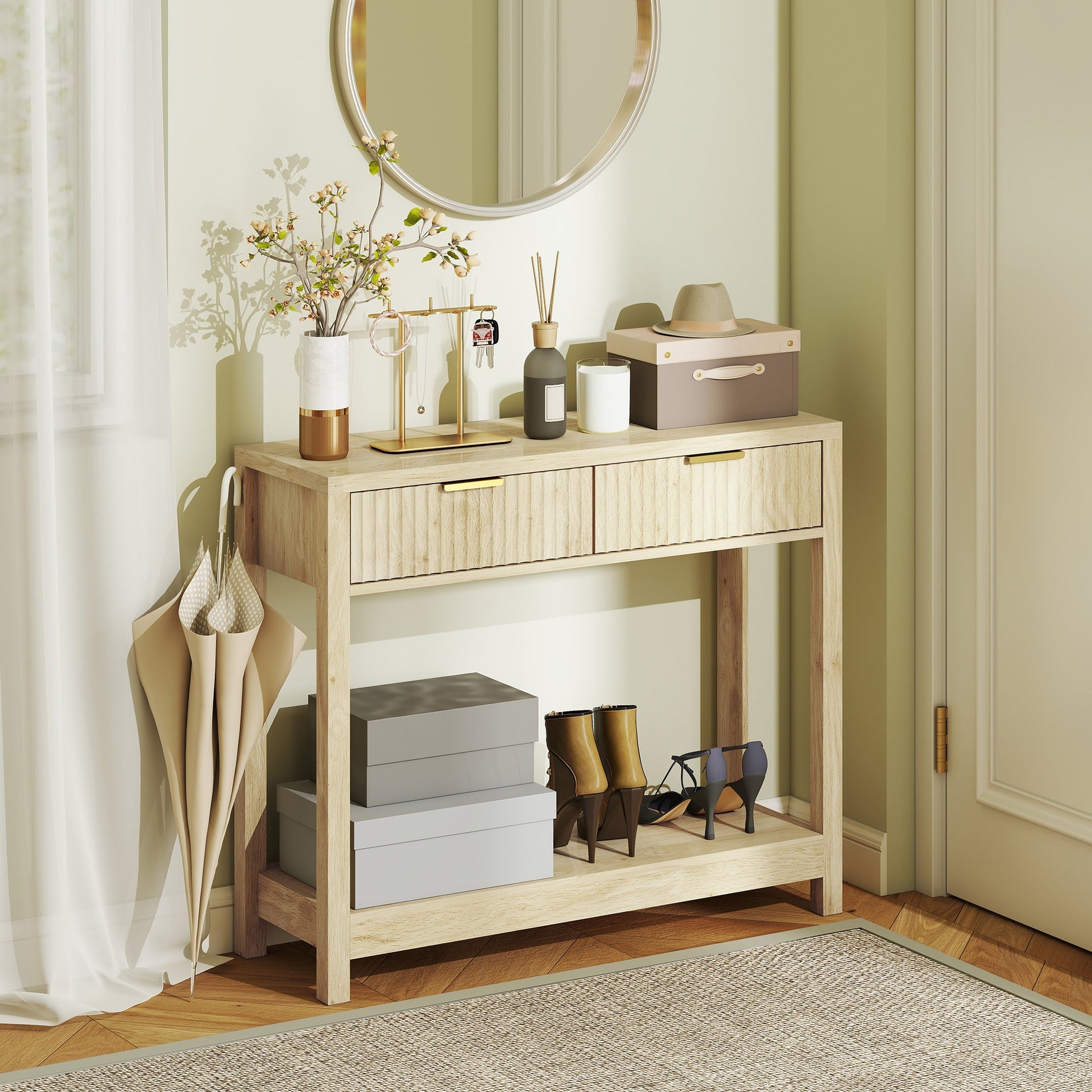 Modern Console Table with Fluted Panel Drawers, Narrow Hallway Table with Shelf for Entryway, Living Room, 90 x 30 x 76 cm, Natural Wood Finish