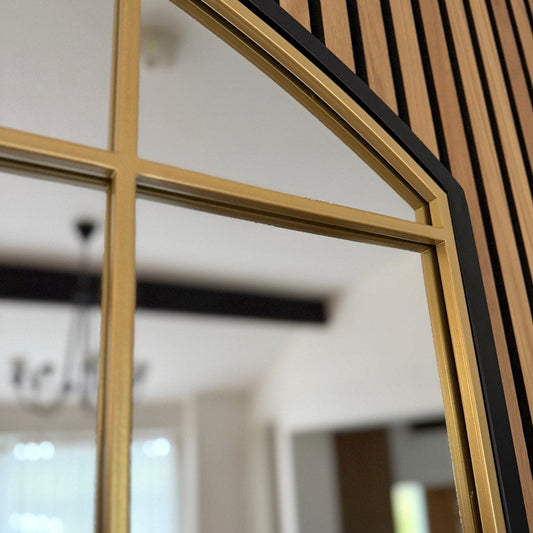 Black & Gold Metal Arched Lattice Window Mirror - 95cm x 120cm