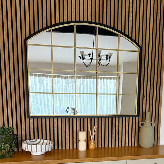 Black & Gold Metal Arched Lattice Window Mirror - 95cm x 120cm
