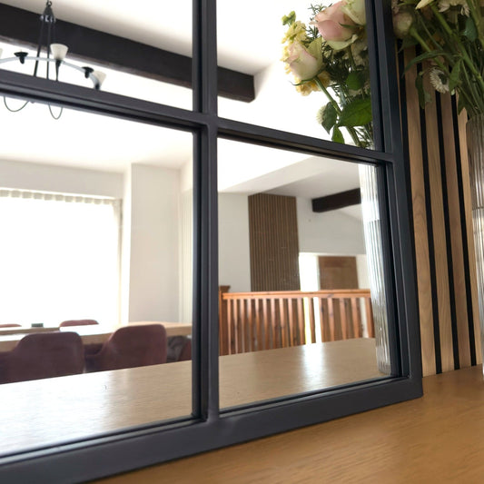 Black Metal Arched Lattice Window Mirror - 95cm x 120cm