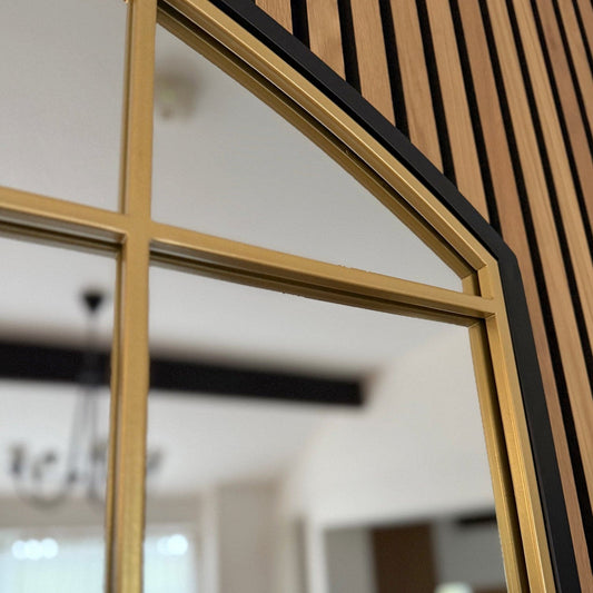 Full Length Black & Gold Metal Arched Lattice Window Mirror - 180cm x 105cm