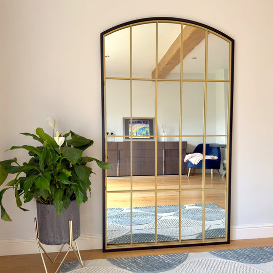 Full Length Black & Gold Metal Arched Lattice Window Mirror - 180cm x 105cm
