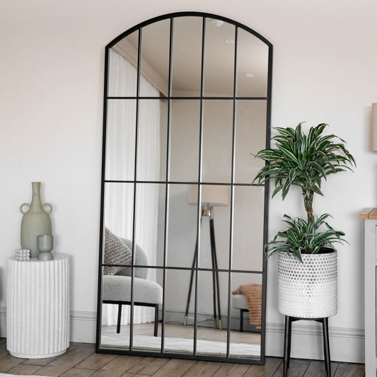 Full Length Black Metal Arched Lattice Window Mirror - 150cm x 60cm.