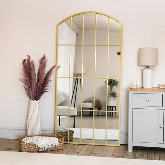 Full Length Gold Metal Arched Lattice Window Mirror - 150cm x 60cm.