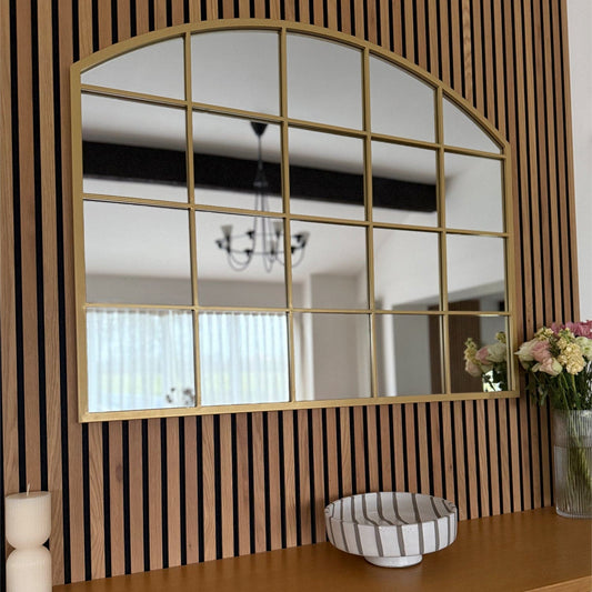 Gold Metal Arched Lattice Window Mirror - 95cm x 120cm.