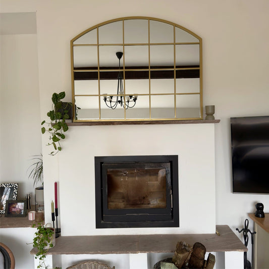Gold Metal Arched Lattice Window Mirror - 95cm x 120cm.