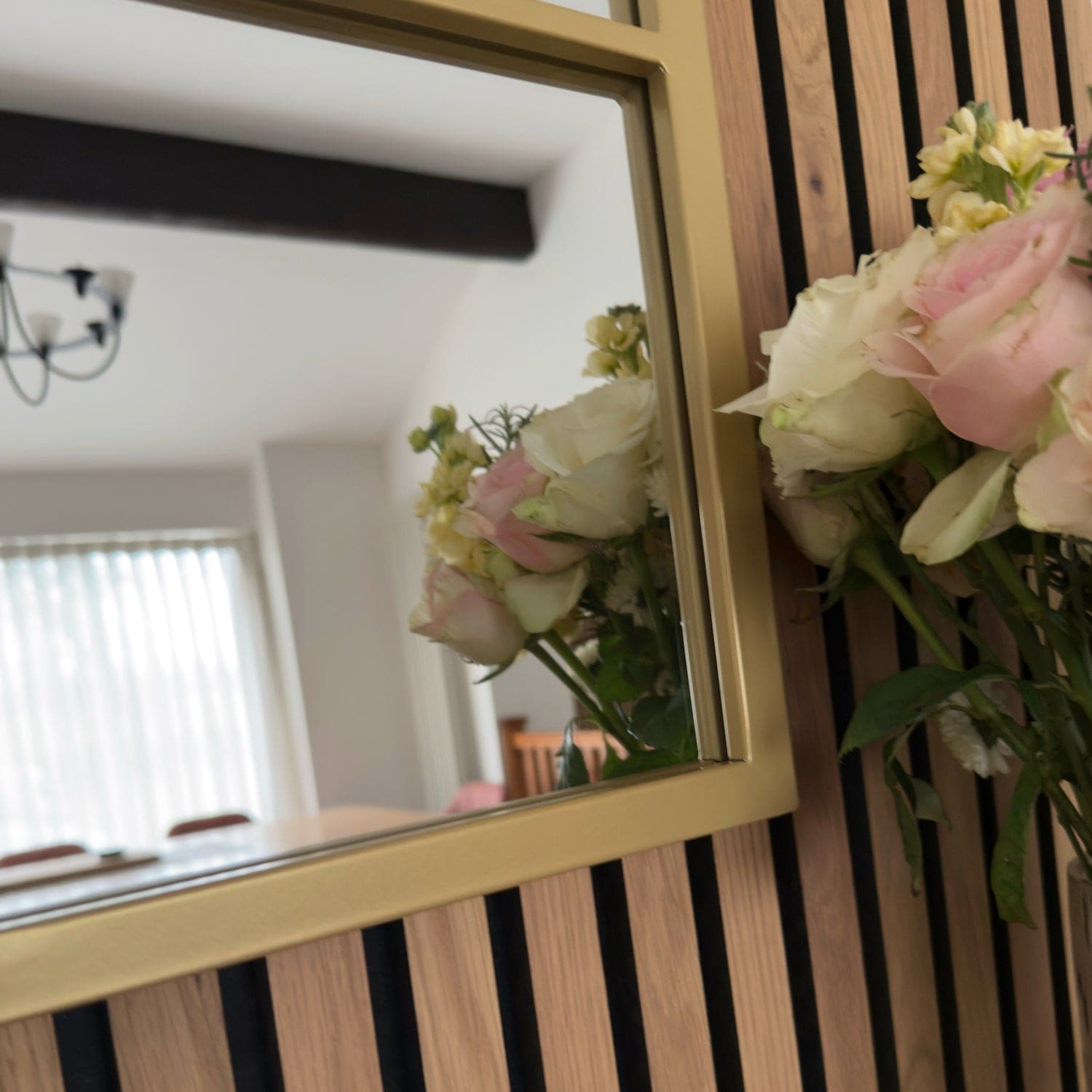 Tomi - Gold Metal Arched Lattice Window Mirror - 95cm x 120cm.