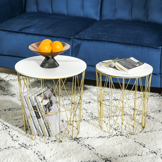 Set of 2 Nesting Side Tables with Storage, Round End Tables Coffee Tables with Steel Frame and Removable Round Top, for Living Room, bedroom, office, White