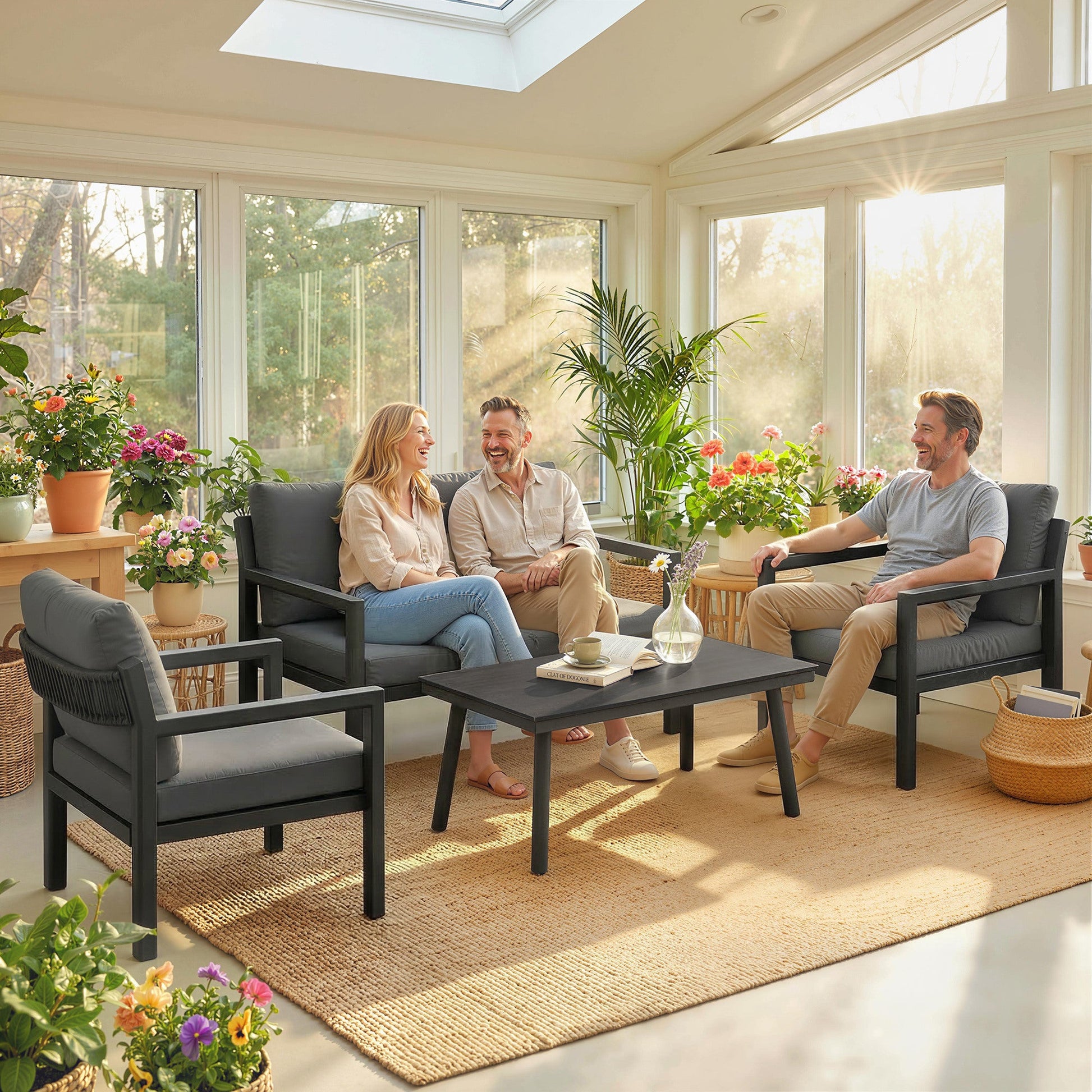 4 Seater Rattan Garden Furniture Set with 2 Armchairs, Loveseat, Coffee Table, Garden Sofa Set with Cushions, Dark Grey