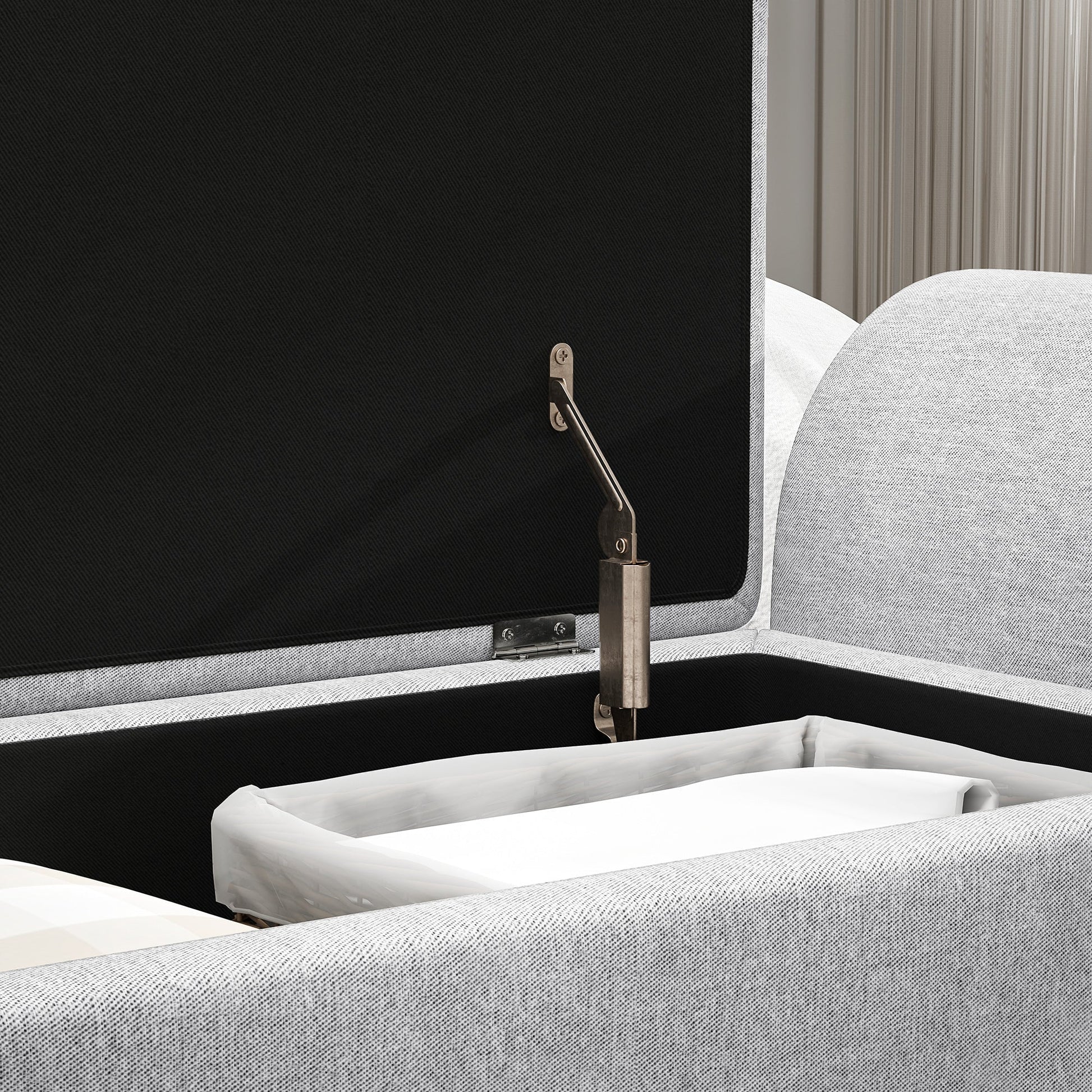Storage Ottoman with Armrest, Upholstered Linen Storage Bench, Window Seat with Rubberwood Legs, Footstool for Bedroom Living Room, Hallway, Light Grey