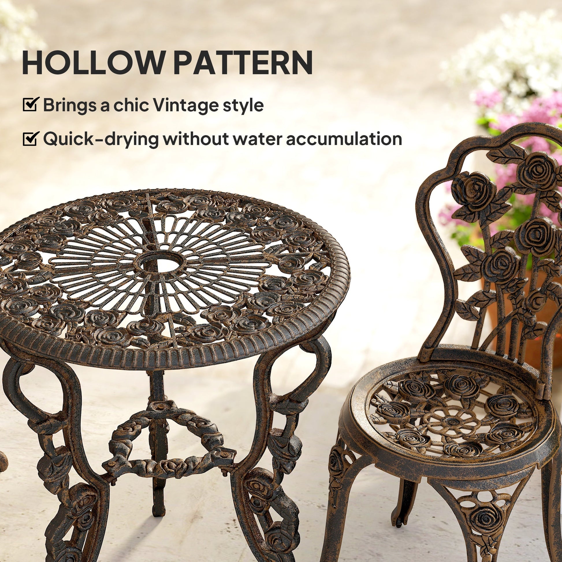 Outdoor Bistro Set Vintage Rose Design Patio Furniture Set with Round Table and 2 Chairs Metallic Finish