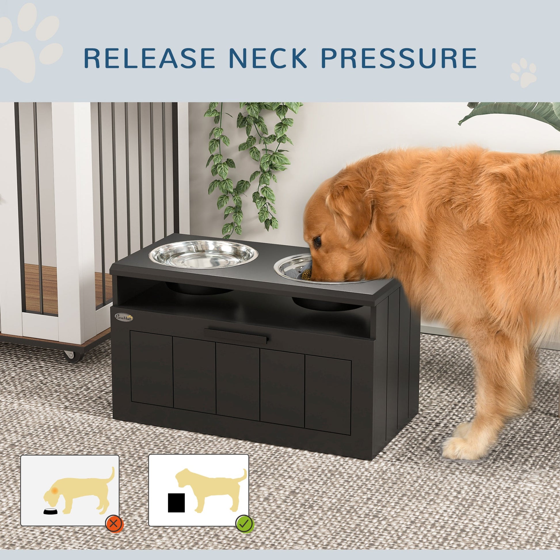 Raised Dog Bowl with Slow Feeder & 2 Stainless Steel Dog Bowl, 25L Storage Drawer, for Large & Extra Large Dogs, Black