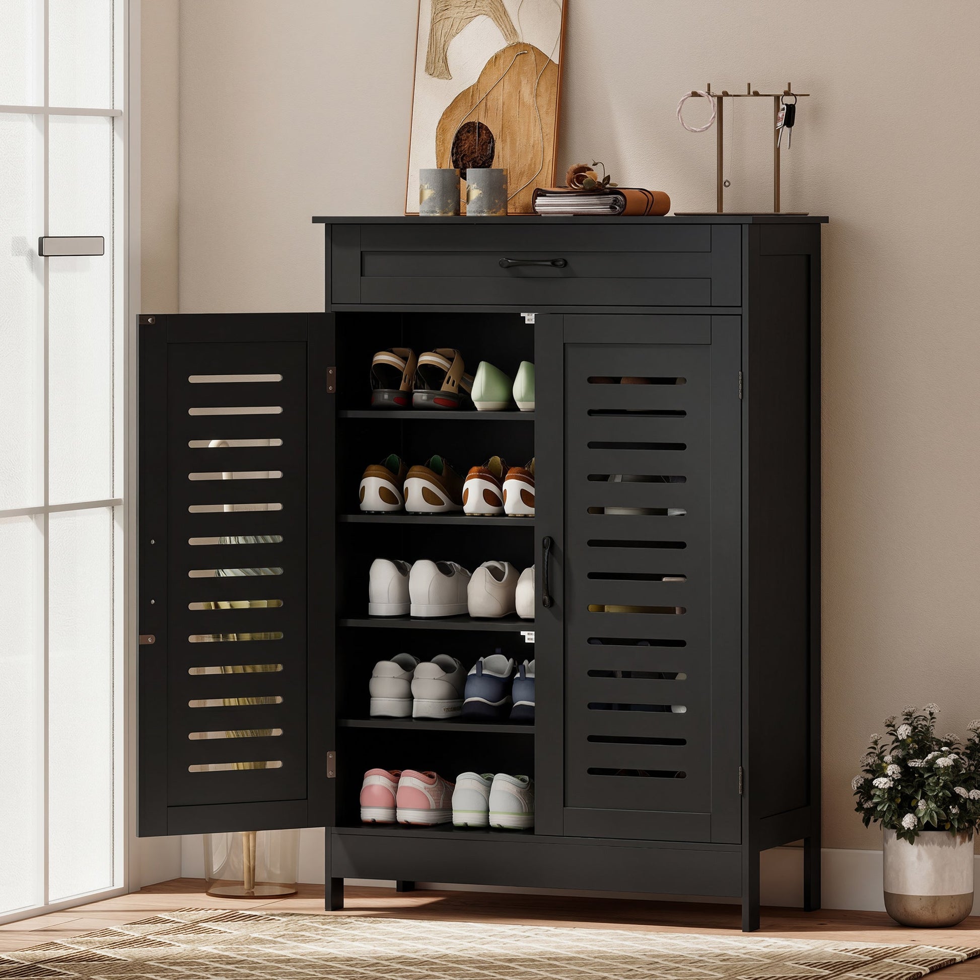 Shoe Cabinet with Louvered Doors, Modern Shoe Storage Cabinet with Drawer and Adjustable Shelves, Black