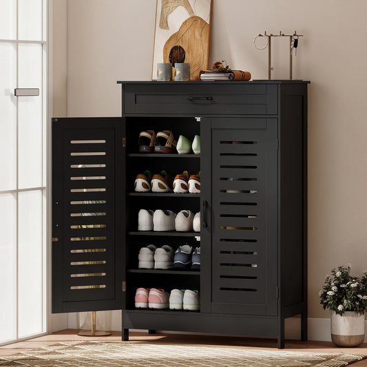 Shoe Cabinet with Louvered Doors, Modern Shoe Storage Cabinet with Drawer and Adjustable Shelves, Black