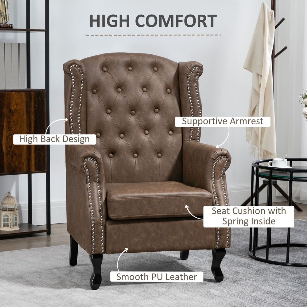Vintage Chesterfield Wing Back Armchair - Tufted Brown Accent Chair