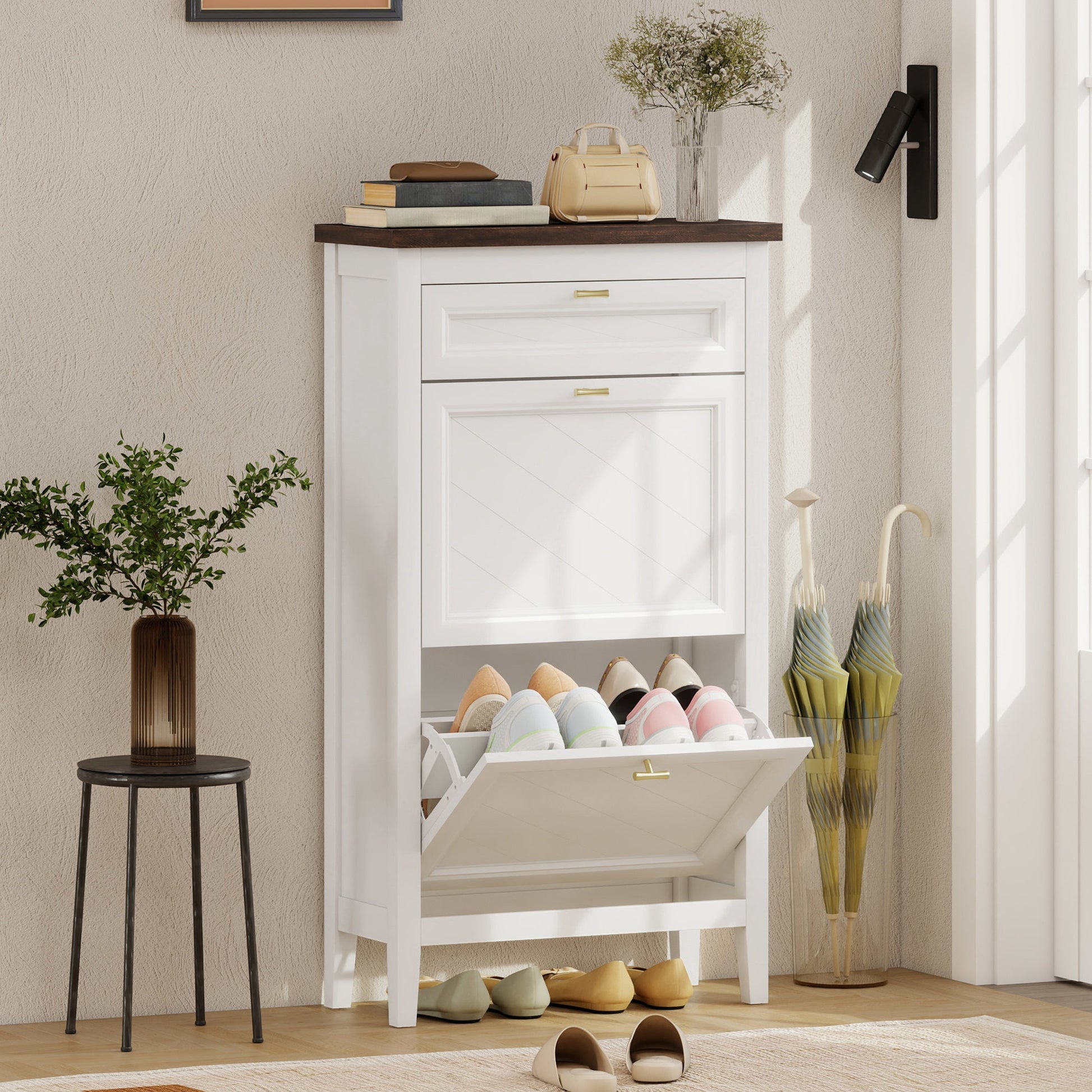 Shoe Cabinet with 2 Flip Drawers, Farmhouse Narrow Shoe Storage Cabinet with Adjustable Shelves, White
