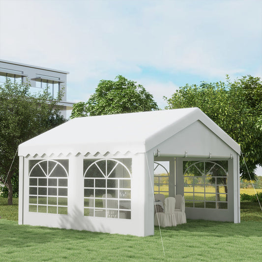 4m x 4m Marquee Party Tent Wedding Canopy, Pop Up Gazebo with Sidewalls, Doors, Windows, Galvanised Garden Gazebo for Parties Events, White